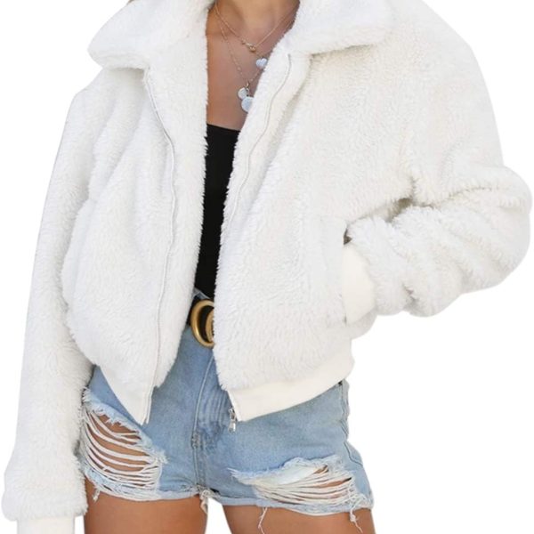 Women's Short Faux Fur Coat Casual Shaggy Jacket with Pockets Warm Winter Zip-Up Fluffy Outwear